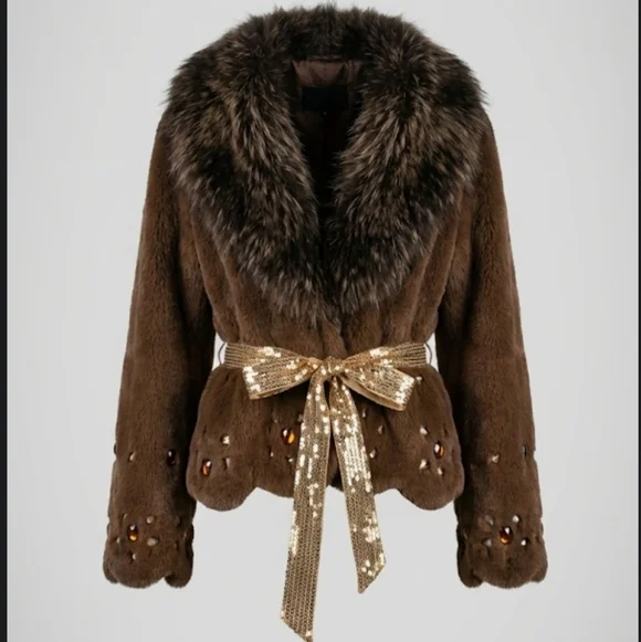 Mob Wife Aesthetic Brown Faux Fur Coat Sequin Bow Belted Jacket - Picture 4 of 5